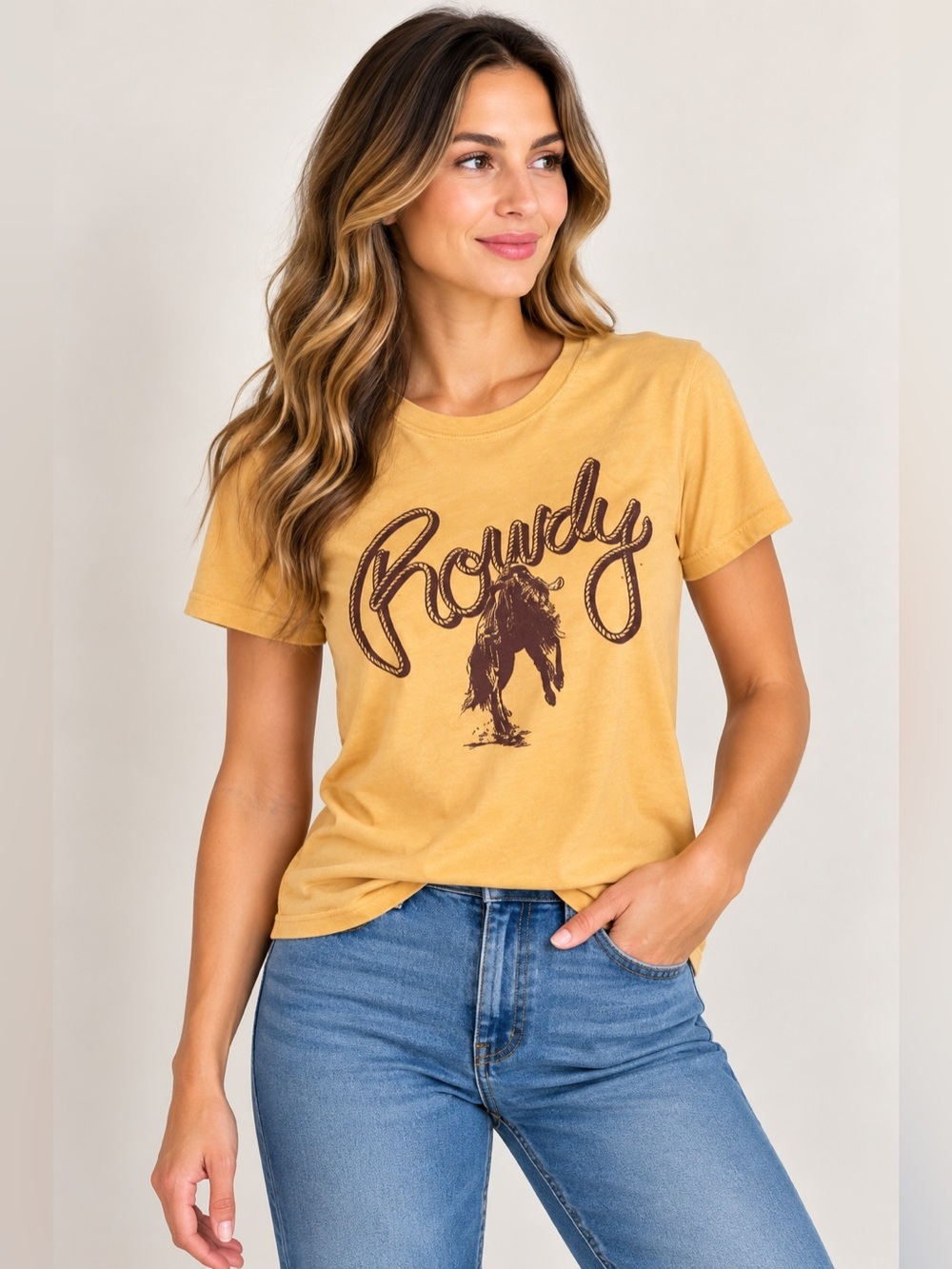 GT-64 Bandit Rowdy Bucking Horse Graphic Tee Yellow Western Cowgirl Rodeo